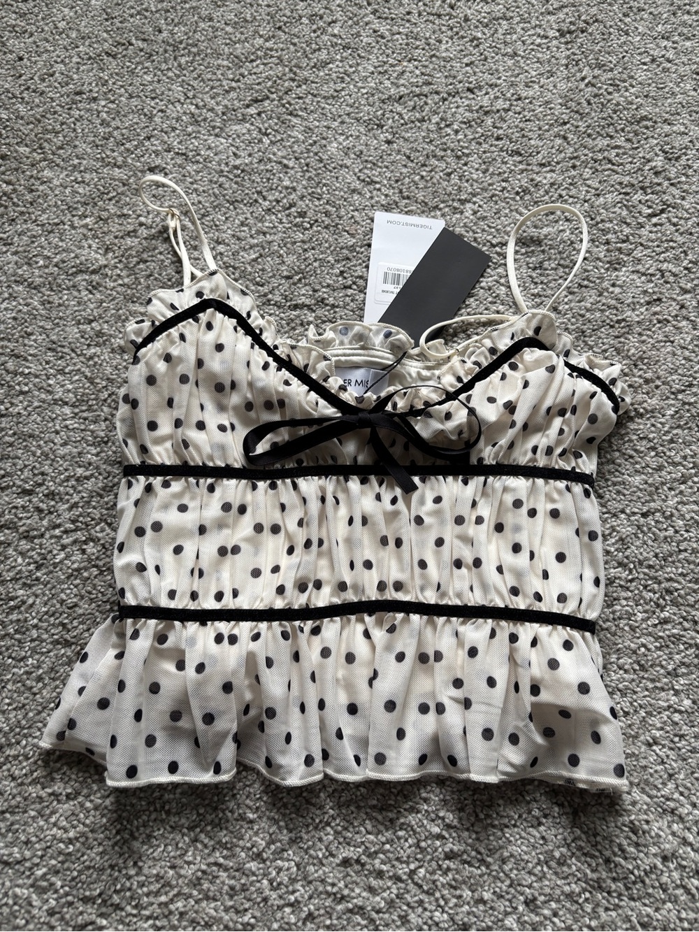Tiger Mist Cream Polka Dot Ruffle Cami with Black Trim